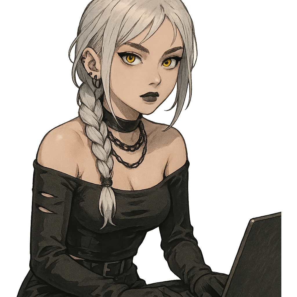  she is wearing armor, maximum power , except instead she's giving a victory salute, [[[except it's a black cat typing at a laptop]]], a closeup portrait of young woman with gold yellow eyes, white hair, long braid, black off-shoulder top d-cup, punk gothic style, futuristic cyberwave cyberpunk, sitting position
 emoji