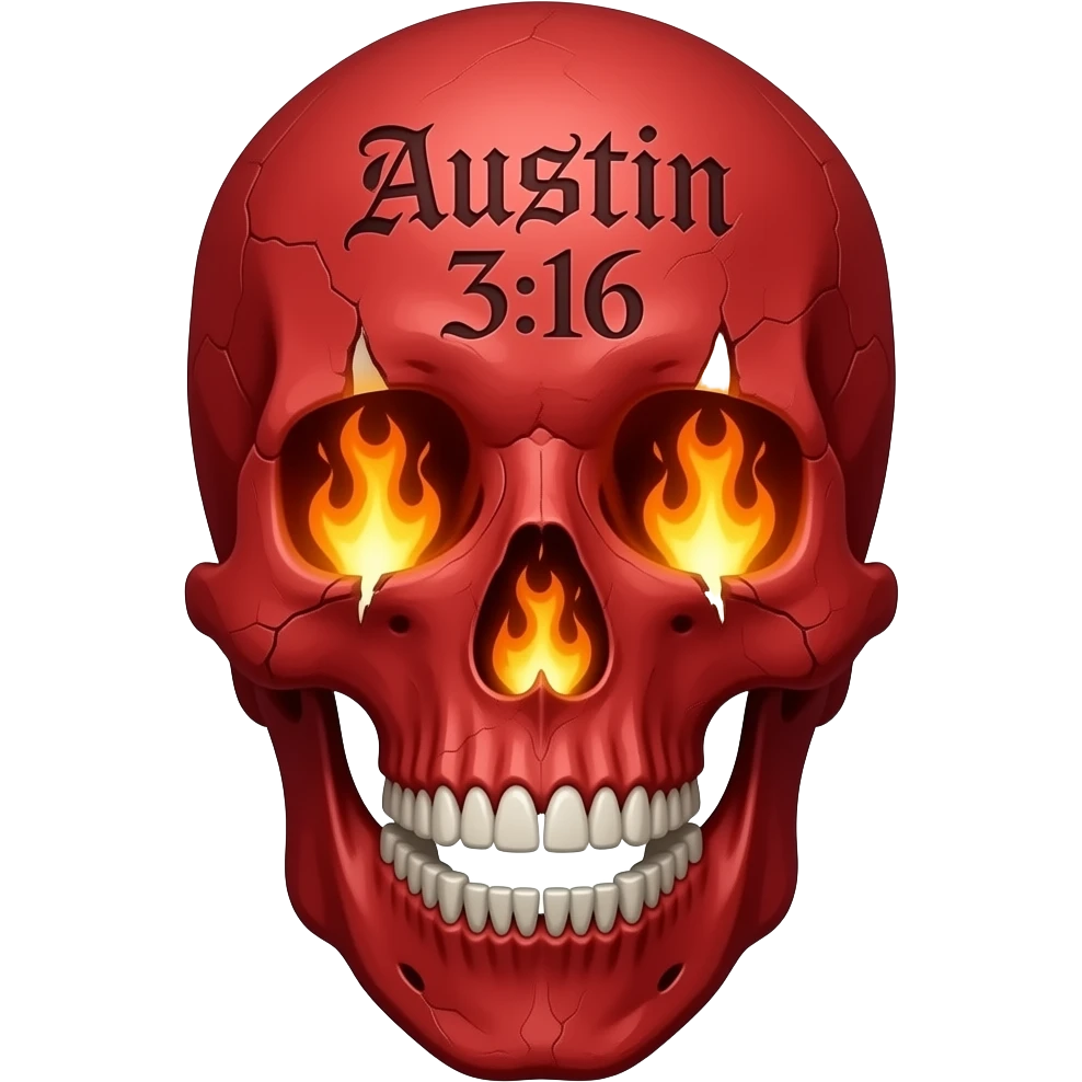human skull, jaw slightly open, no teeth broken, chipped, words Austin 3:16, bright red, eye socket, nose cavity with flames, words carved in forehead a Gothic font, show cracks, weathering, pieces missing, true flame out of sockets emoji