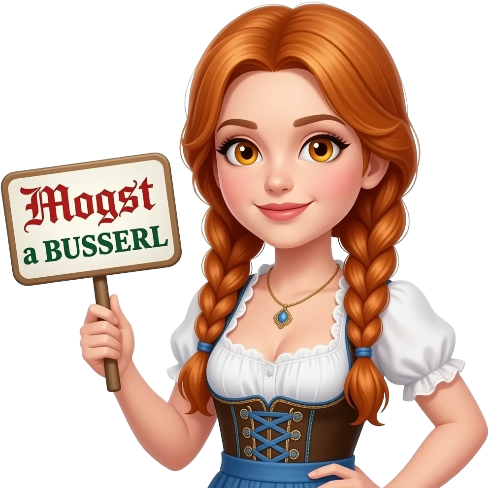 sexy girl with overlong ginger hair in braids and ginger eyes wearing a dirndl holding a Mogst a BUSSERL sign emoji