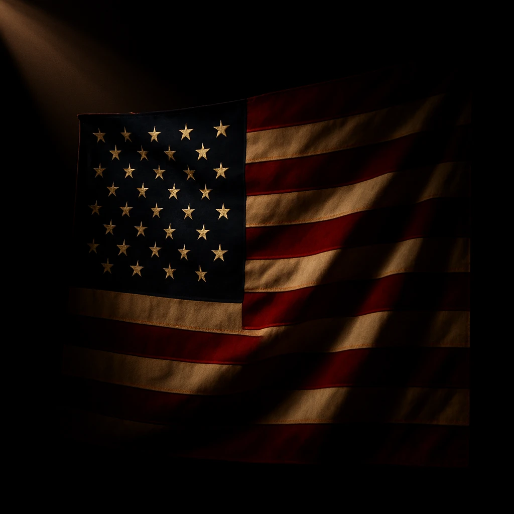 Replace the flag of China with the flag of the USA, preserving the dramatic lighting, black background, and ray of light style and composition exactly as in the reference image. emoji