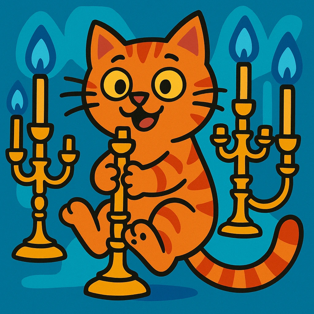 playful cat grasping three candelabra-style lamps, each lamp with three arms, vibrant and fun emoji