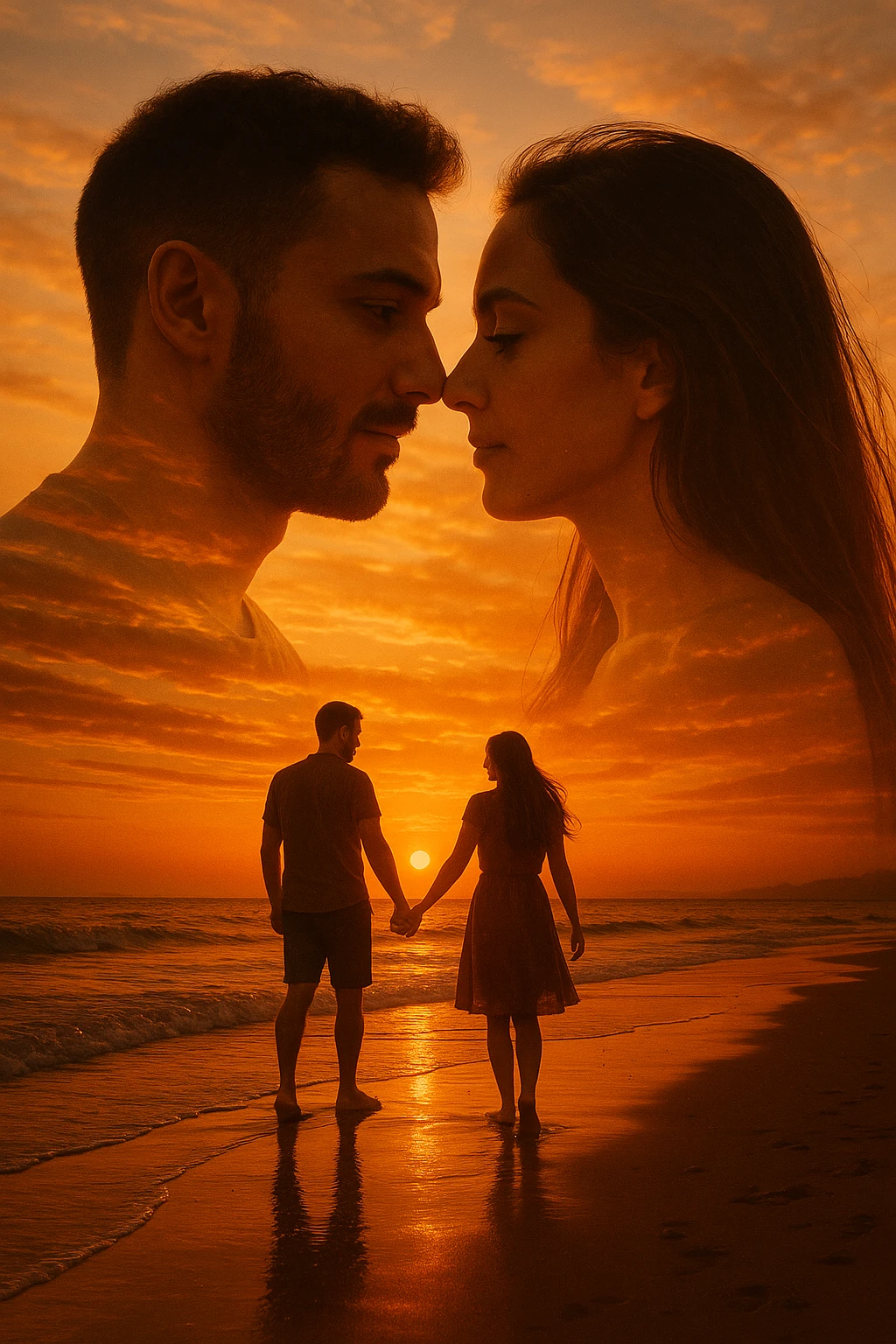 Una doppia esposizione cinematografica di noi di profilo, con un paesaggio di spiaggia al tramonto integrato nella silhouette.
La scena interna ci mostra entrambi camminare sulla sabbia bagnata, tenendoci per mano, con le onde del mare che si infrangono è facile e un cielo colorato dagli ultimi raggi di sole. Atmosfera calda e intima, toni dorati arancioni, dettagli fini ed espressivi, risoluzione 8K. emoji