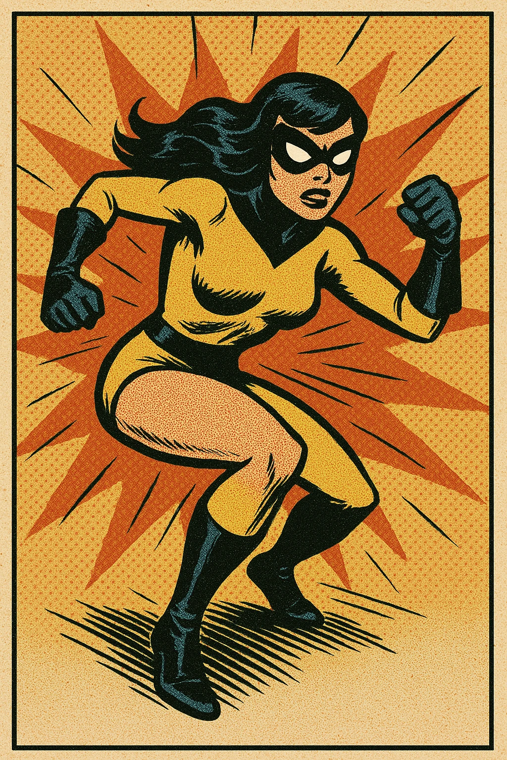 superheroine costume, yellow and black, classic comic book style, gloves and boots, mask, action stance emoji
