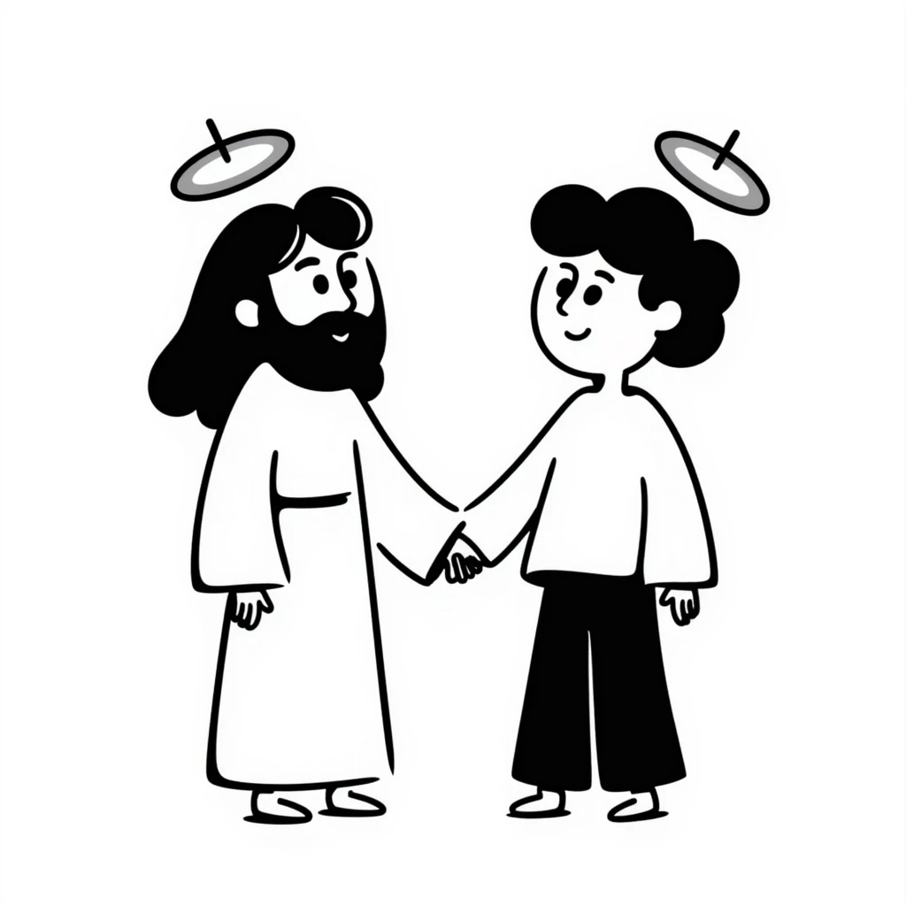 hand drawn cutesy tiny Jesus and a person, both with halos emoji