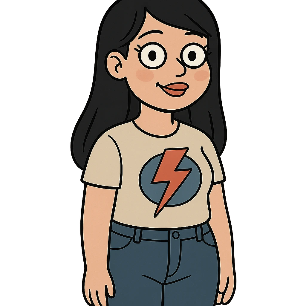 light skinned girl with round, slightly upturned brown eyes with long lashes, medium sized full blush colored lips, slightly chubby cheeks, long straight black hair, wearing a graphic tee and jeans emoji