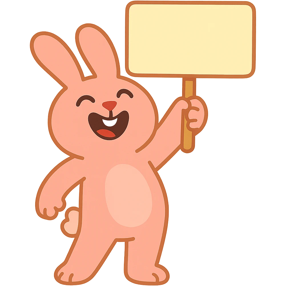 full-body rosy bunny holding a signboard high above its head, pastel-toon style emoji