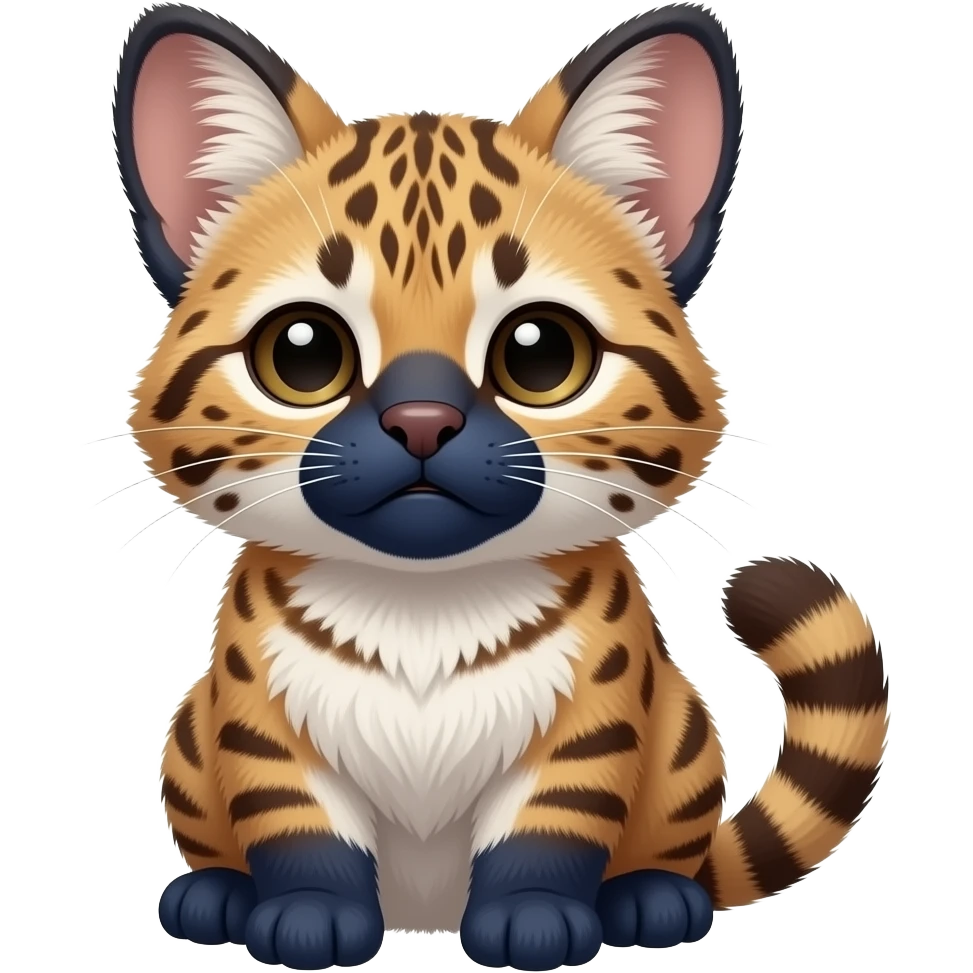 4-legged bushy soft realistic innocent sad pretty precious cute young vertical-dark-brown-striped-and-white-striped Fakémon-Pokémon-feline-Zeraora-vernid-serval-caracal-chinchilla-Cinccino-rodent-hybrid-creature (full body) with dark-blue muzzle, dark-blue puffy fluffy paws, tufted ears emoji