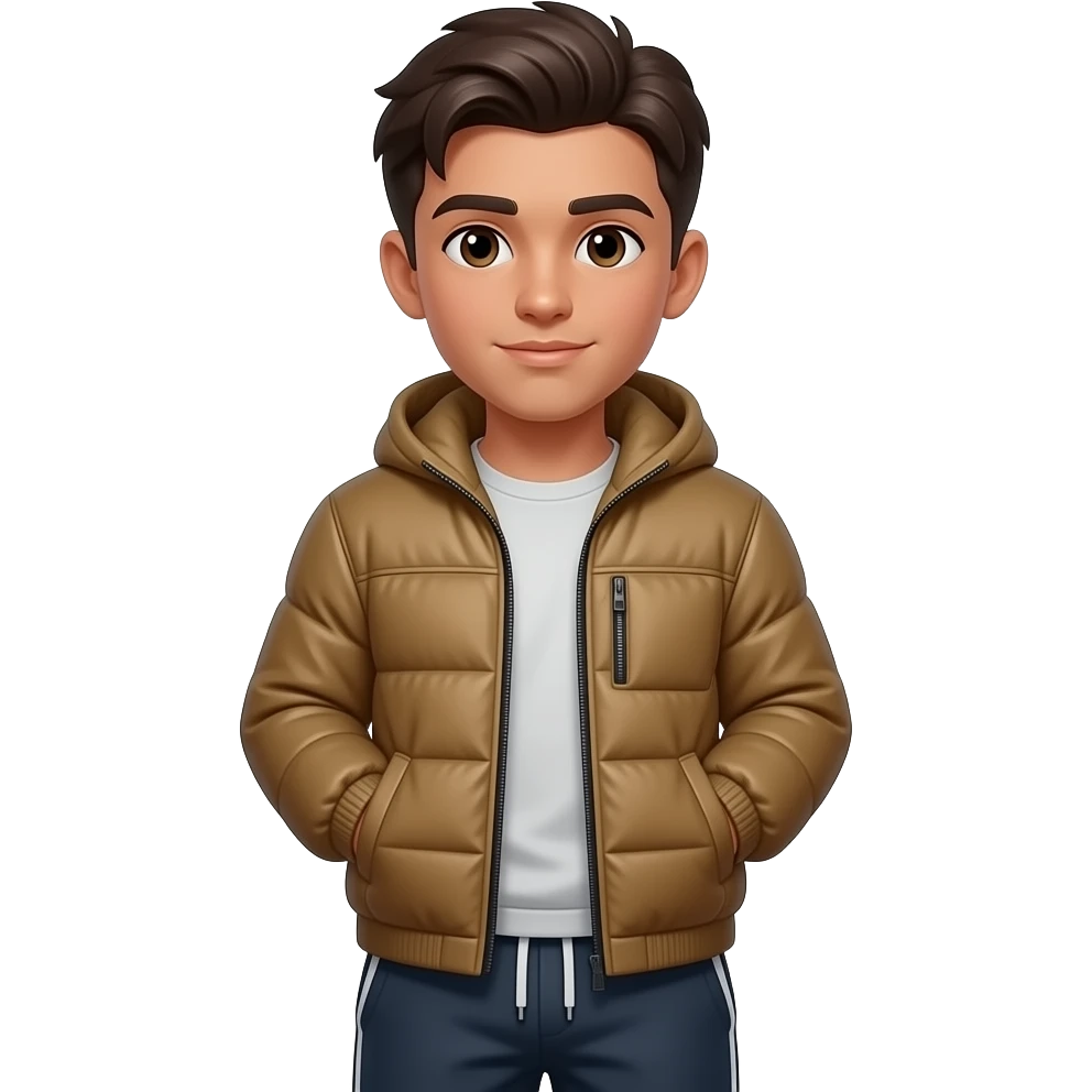 Make a gay Boy with brown skin color, brown eyes and dark brown hair. He is wearing a Softshell Jacket and Sweatpants. emoji