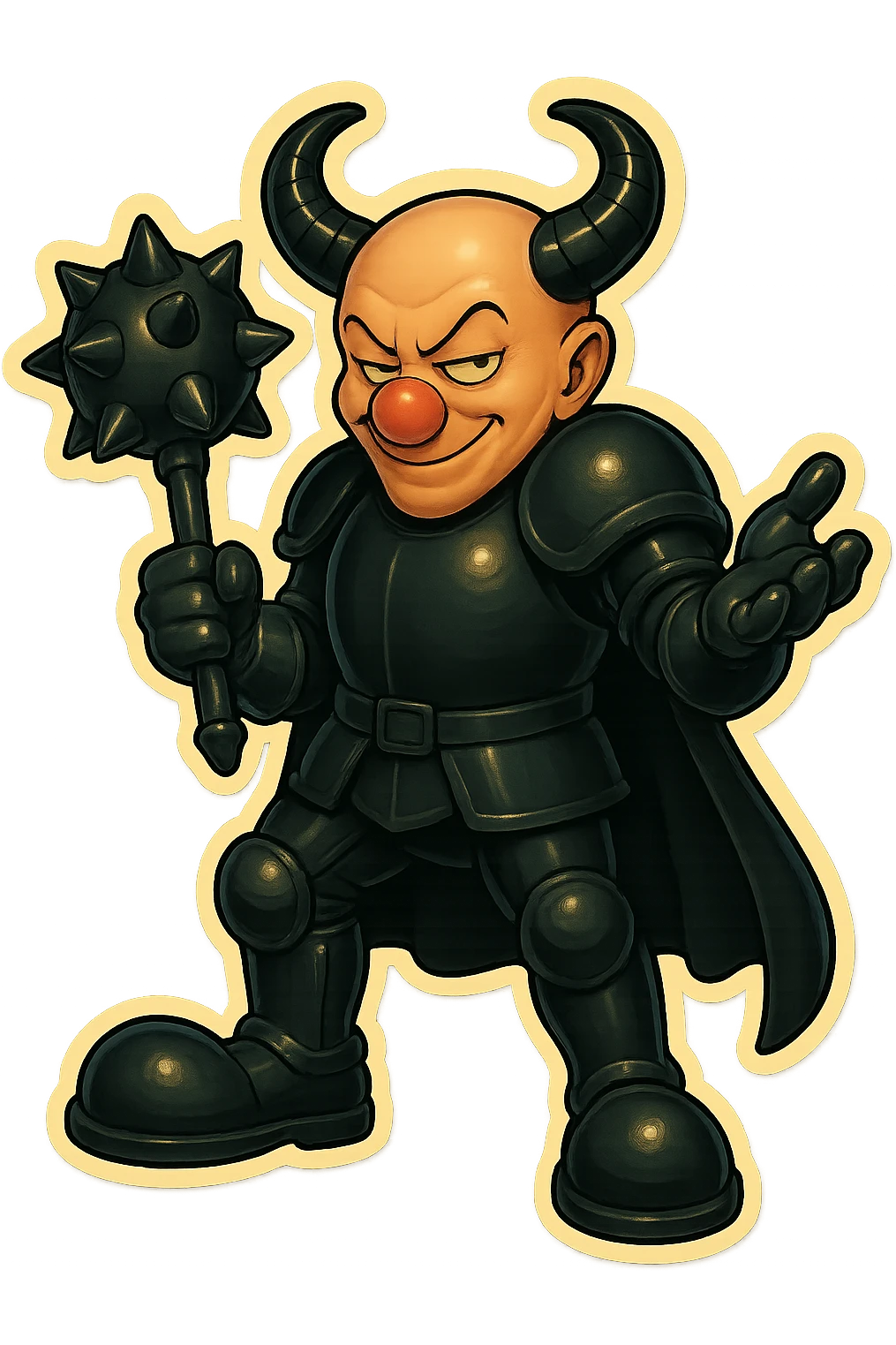A relaxed but evil armored clown with no hair, ram horns pointing up, masculine and powerful build, glossy black on matte black armor, short cape, large black clown shoes, leaning on his oversized spiked mace with one hand, the other hand gesturing as if taunting, eyes barely open, sinister expression, vibrant retro stickers style, no yellow aged tint, full body, transparent background. emoji