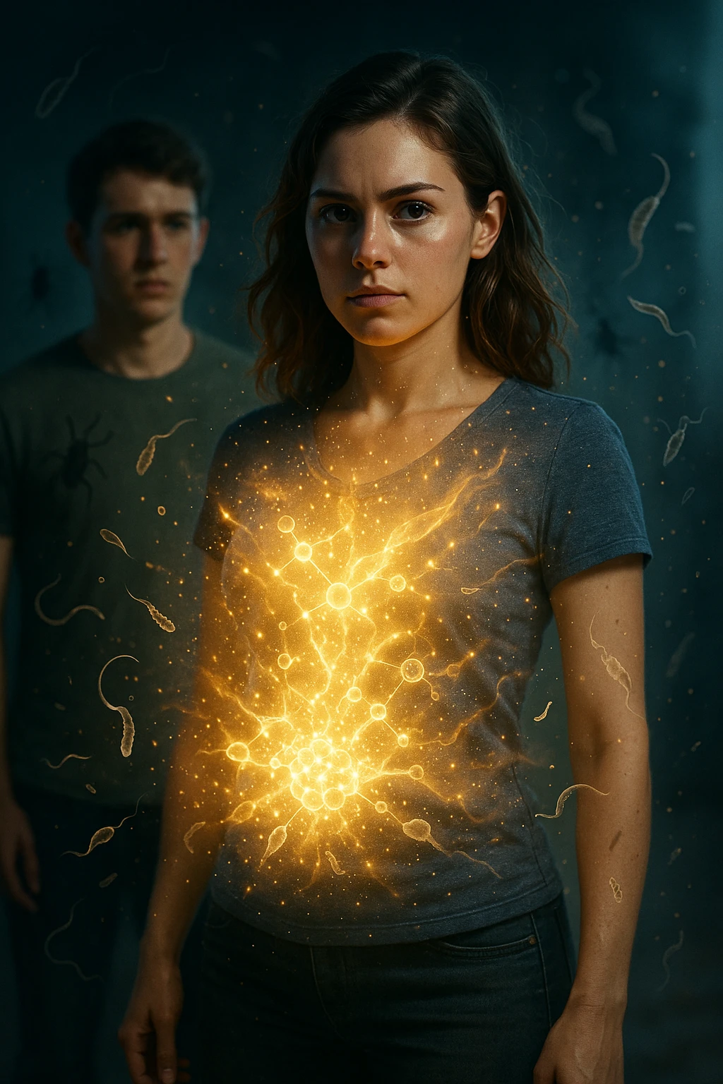 A hyper-realistic, cinematic image showing a young woman with a glowing, radiant aura symbolizing a very strong immune system. She stands confidently, surrounded by a dynamic shield of light particles and molecular energy swirling around her body, especially focused around her abdomen and chest. Against this luminous barrier, faint translucent representations of parasites—small worm-like and protozoan shapes—attempt to approach her but are visibly repelled or disintegrating upon contact with the shield. Nearby, a young man representing her boyfriend is shown with subtle, shadowy parasite silhouettes near him, some reaching toward her but unable to penetrate her immune defenses. The background is softly blurred to keep the focus on the energetic battle at the forefront, with cool blues and warm golds contrasting to symbolize health, vitality, and defense. The lighting is dramatic yet hopeful, with a cinematic 35mm film style emphasizing sharp detail on her determined face and the swirling protective energy. The overall tone conveys resilience, protection, and the unseen battle inside the body. emoji
