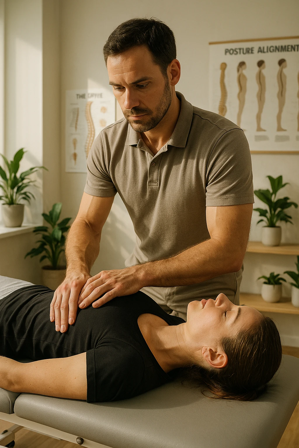 A realistic, cinematic illustration of a professional osteopath in his late 30s, wearing a fitted polo shirt in a neutral color, performing gentle manual manipulations on a patient to improve posture. The osteopath uses precise hand placement along the patient's upper back and cervical spine while the patient lies on a comfortable treatment table in a bright, modern clinic. Anatomical posters showing the spine and posture alignment are on the wall, and the room has warm, natural lighting with plants for a calming atmosphere. The scene emphasizes hands-on osteopathic care to restore body alignment, spinal mobility, and posture, showcasing trust, professionalism, and holistic care emoji