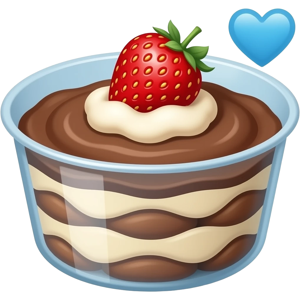 minimal cocoa tiramisu with a strawberry in a large container and with 🩵 emoji