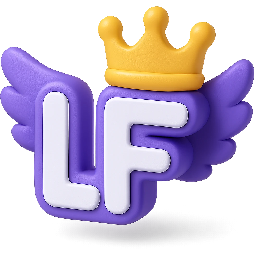Add angel wings in purple color to the letters 'LF' and place a crown above them, keeping the 3D purple emoji style consistent. emoji