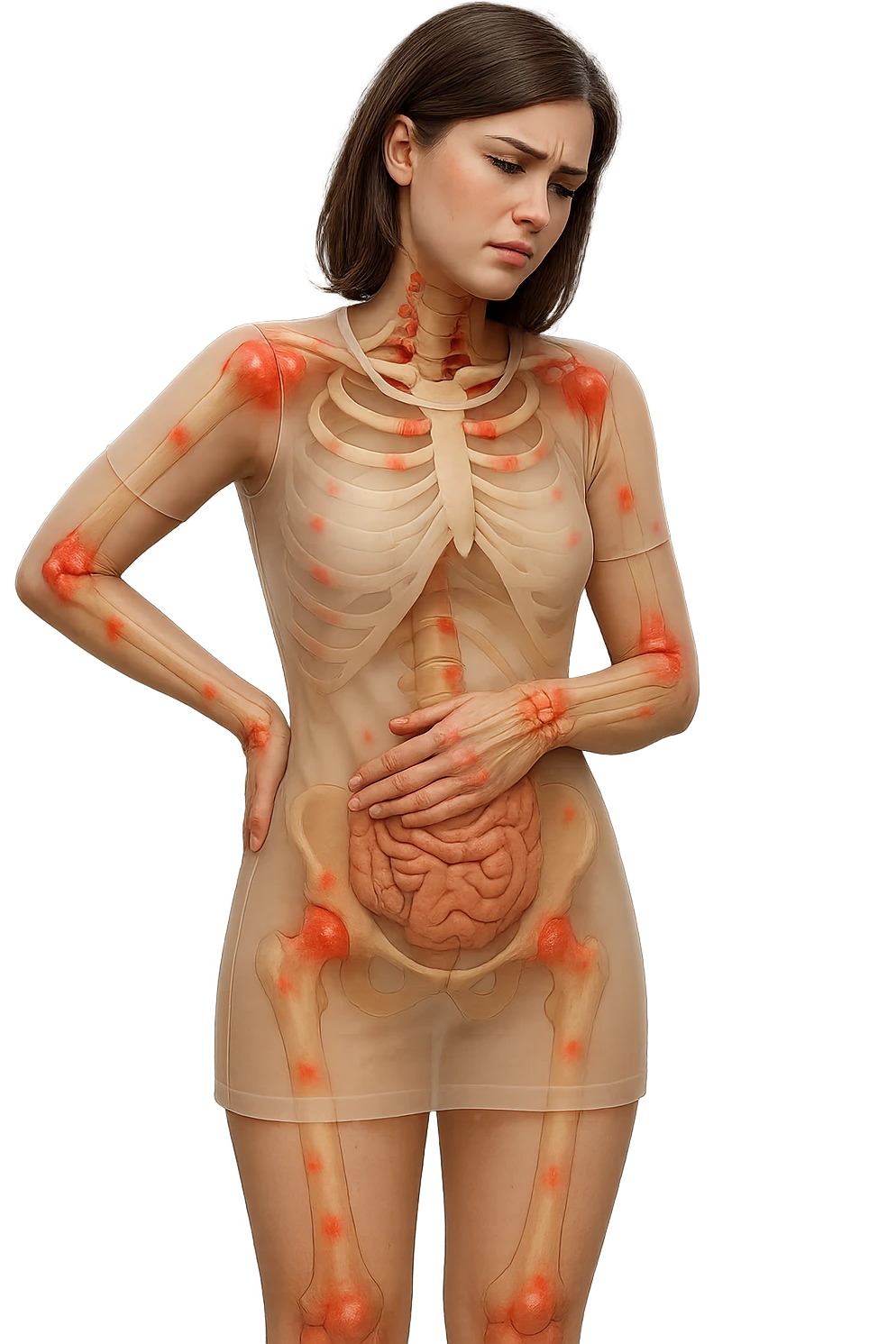 donna realistica a figura intera con red spot sparsi alle ossa, ossa del corpo visibili sul corpo, non sul volto iperrealistico 4k emoji