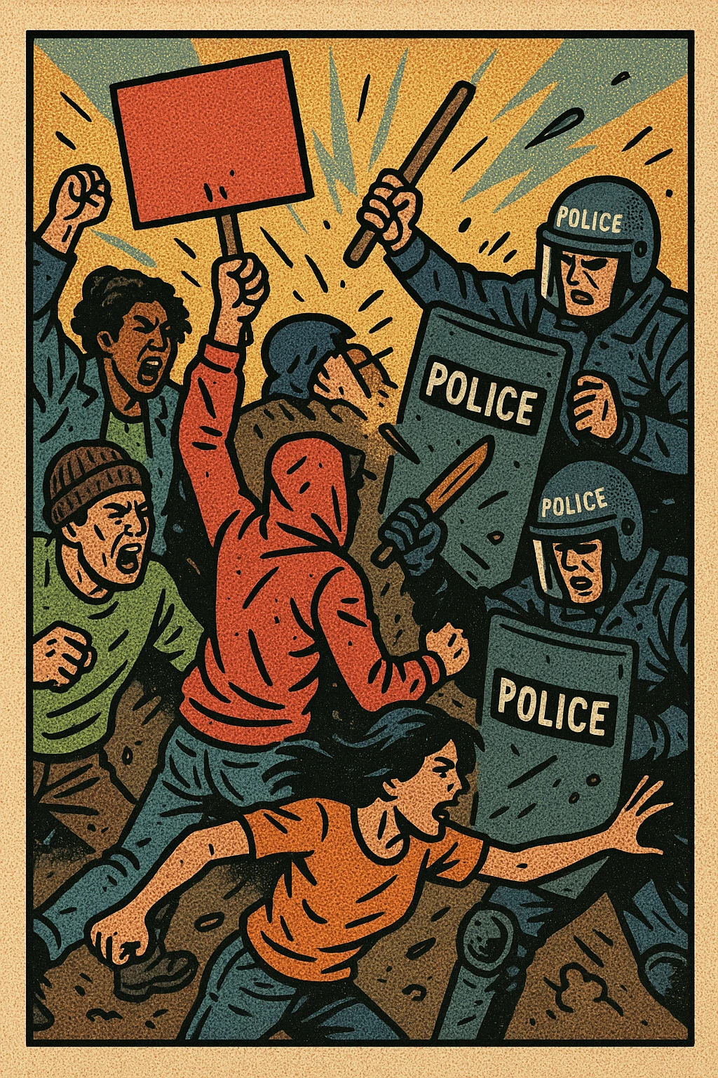 riot, chaotic scene, bold lines, comic book style emoji