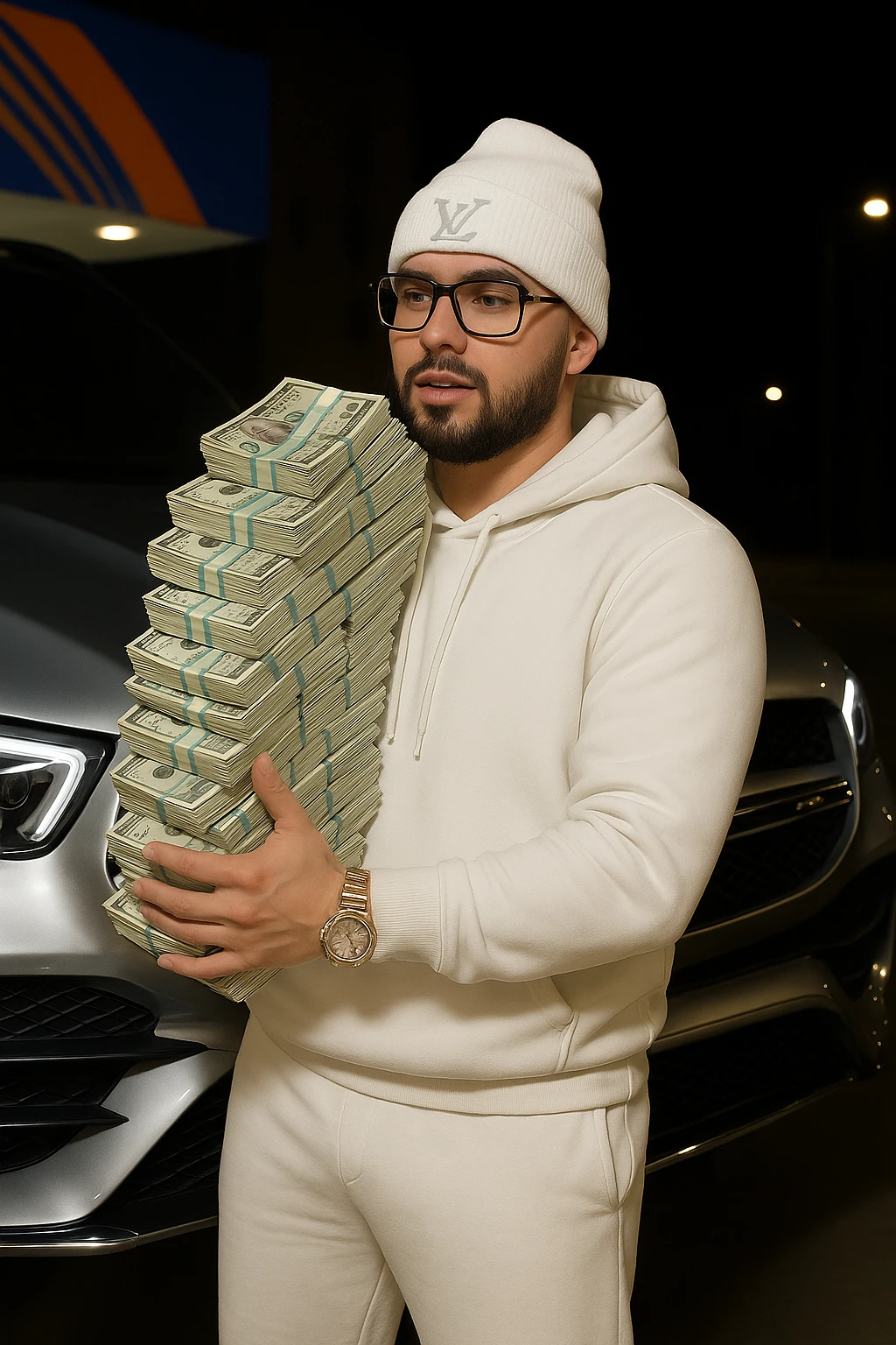 Add Cartier glasses to the person in the image. Keep all previous changes: white skin tone, black goatee and facial hair, white hoodie, white sweats, white Louis Vuitton beanie, realistic money, everything else chrome, AMG in the background. Maintain a realistic and detailed style. emoji