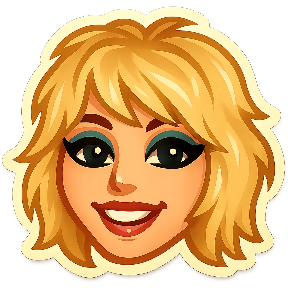 Create a simplified, expressive emoji capturing the hairstyle and makeup from the photo with a friendly expression in retro stickers style. emoji