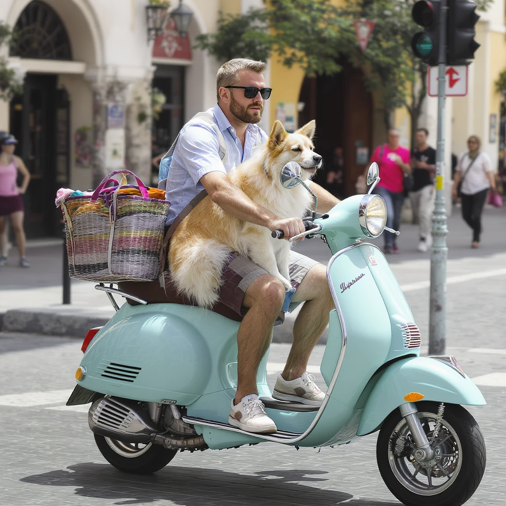man and his pet dog riding a vespa emoji