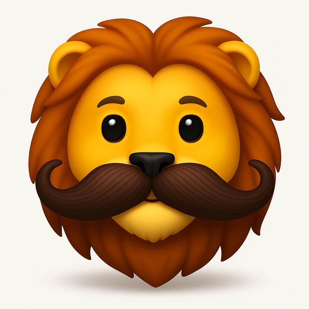 Make a lion emoji exactly like the reference image, in iOS emoji style. Same face, mane, and mustache, smooth and shiny. Add a soft shadow. emoji
