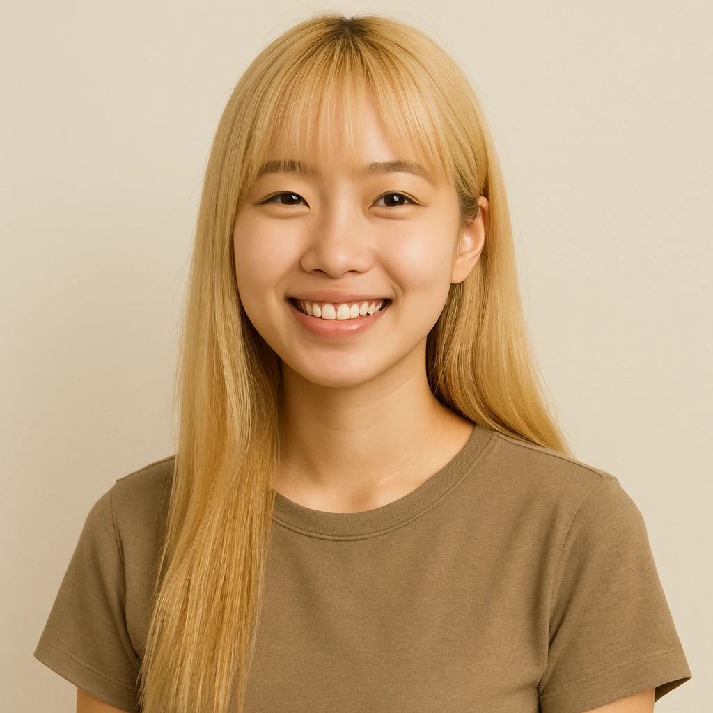 Korean girl with long blond hair and bangs, smiling, minimal background emoji