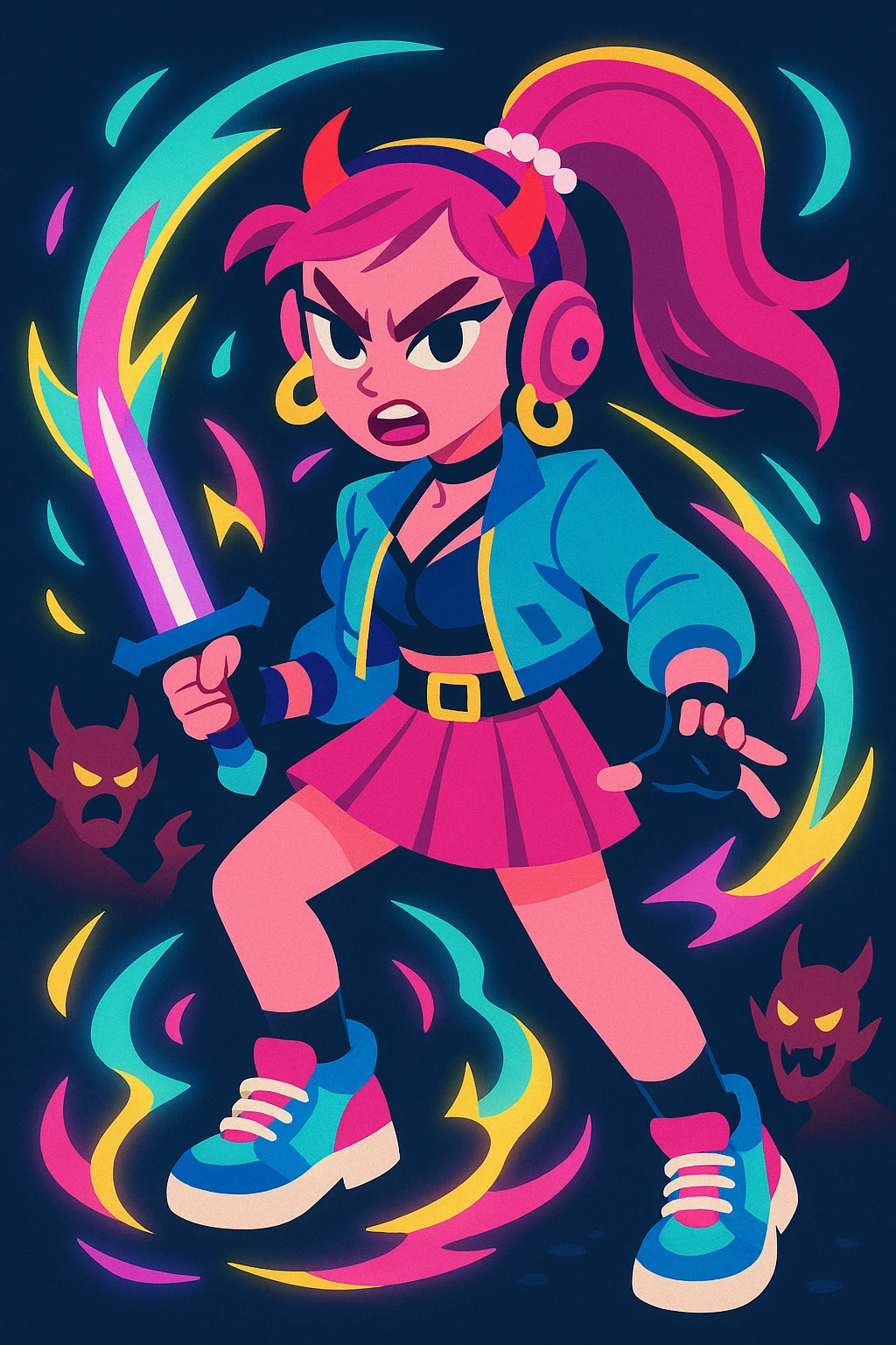 Zoey as a K-pop demon hunter, neon colors, magical aura, fierce expression, trendy accessories emoji