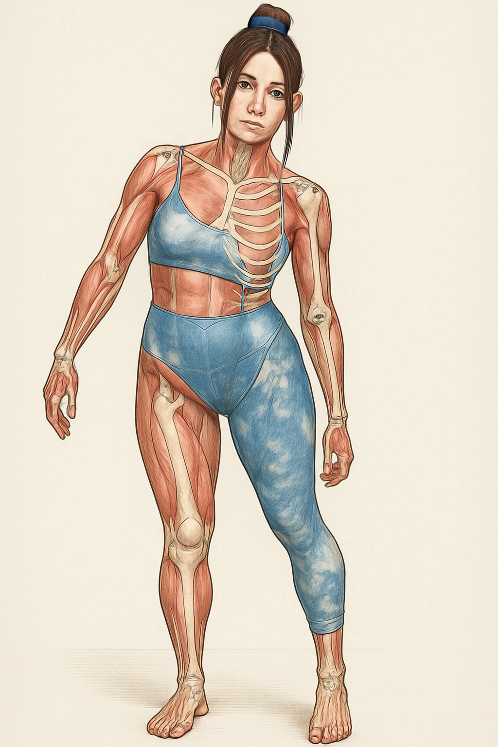 Donna in abbigliamento sportivo, postura asimmetrica, stile medico realistico, muscoli e ossa visibili, evidenzia la compressione delle coste sul lato corto, sfondo neutro, formato verticale. emoji