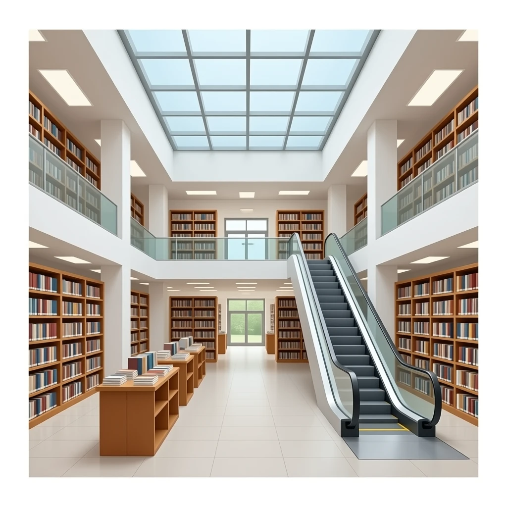large bookstore interior, realistic, tall bookshelves, open space, escalator, glass ceiling, no people, clean composition emoji
