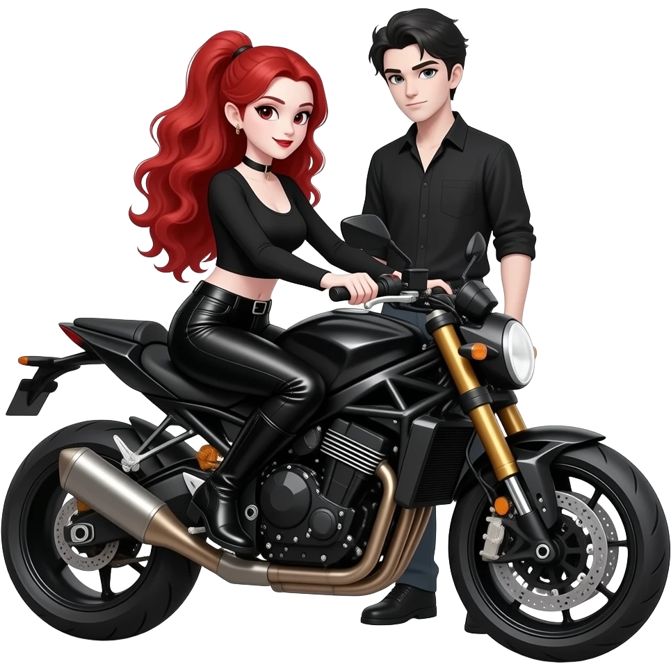 Vampiro femmina ADOLESCENTE con pelle bianca e capelli rosso ondulati lunghi raccolti in una mezza coda che indossa dei pantaloni di pelle neri un top con maniche lunghe nero e degli stivali lunghi neri che va in moto con il suo ragazzo VAMPIRO con la pelle bianca emoji