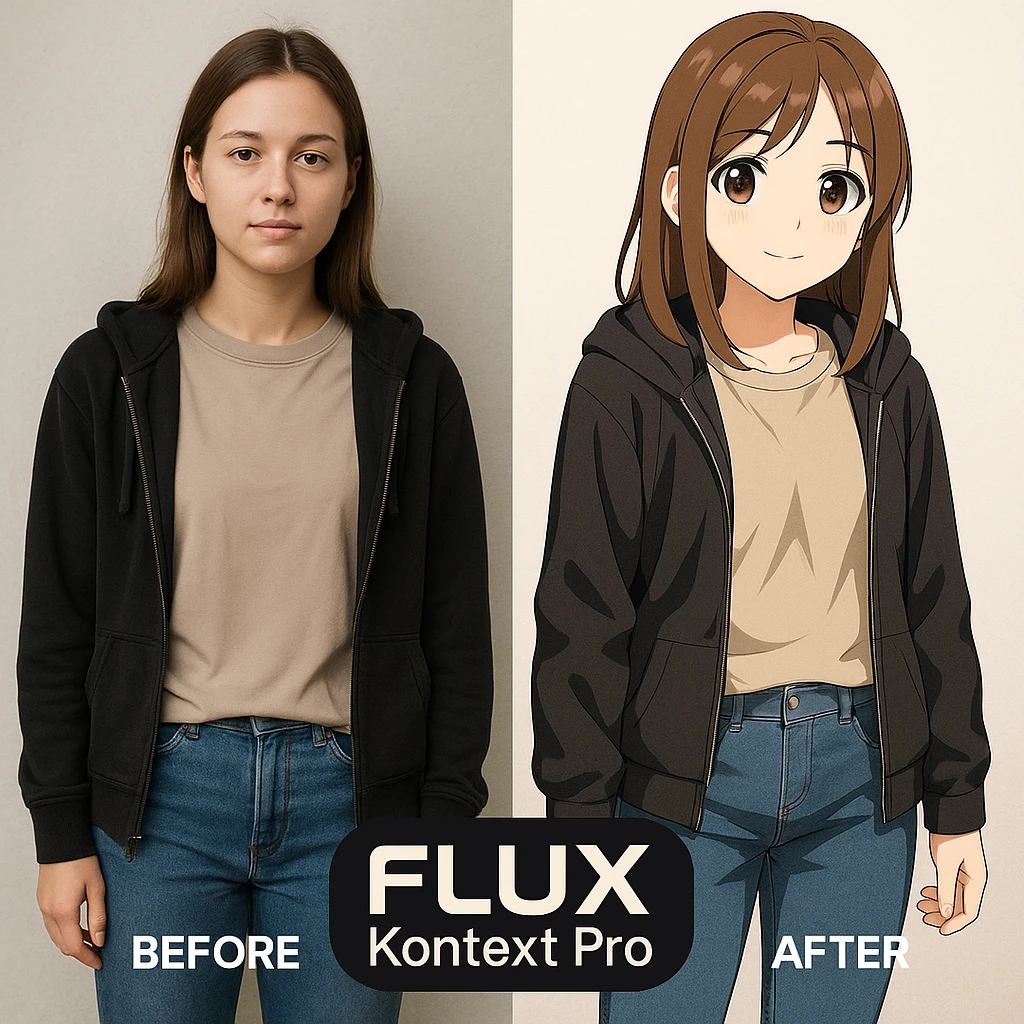 create before after image of a girl before is realsitic photo, after is anime version of her in same pose and clothes, add logo with text of a "FLUX Kontext Pro" emoji