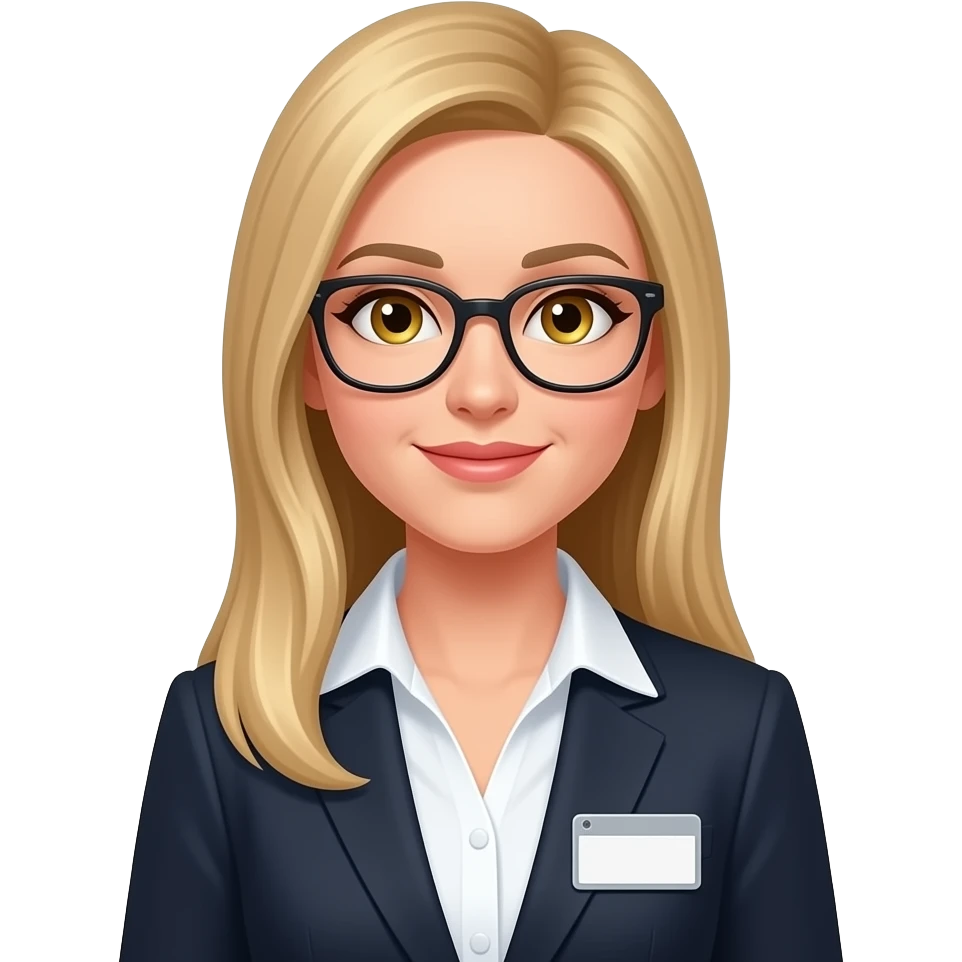 long straight blonde hair, business woman, gold eyes, glasses silver name-tage emoji