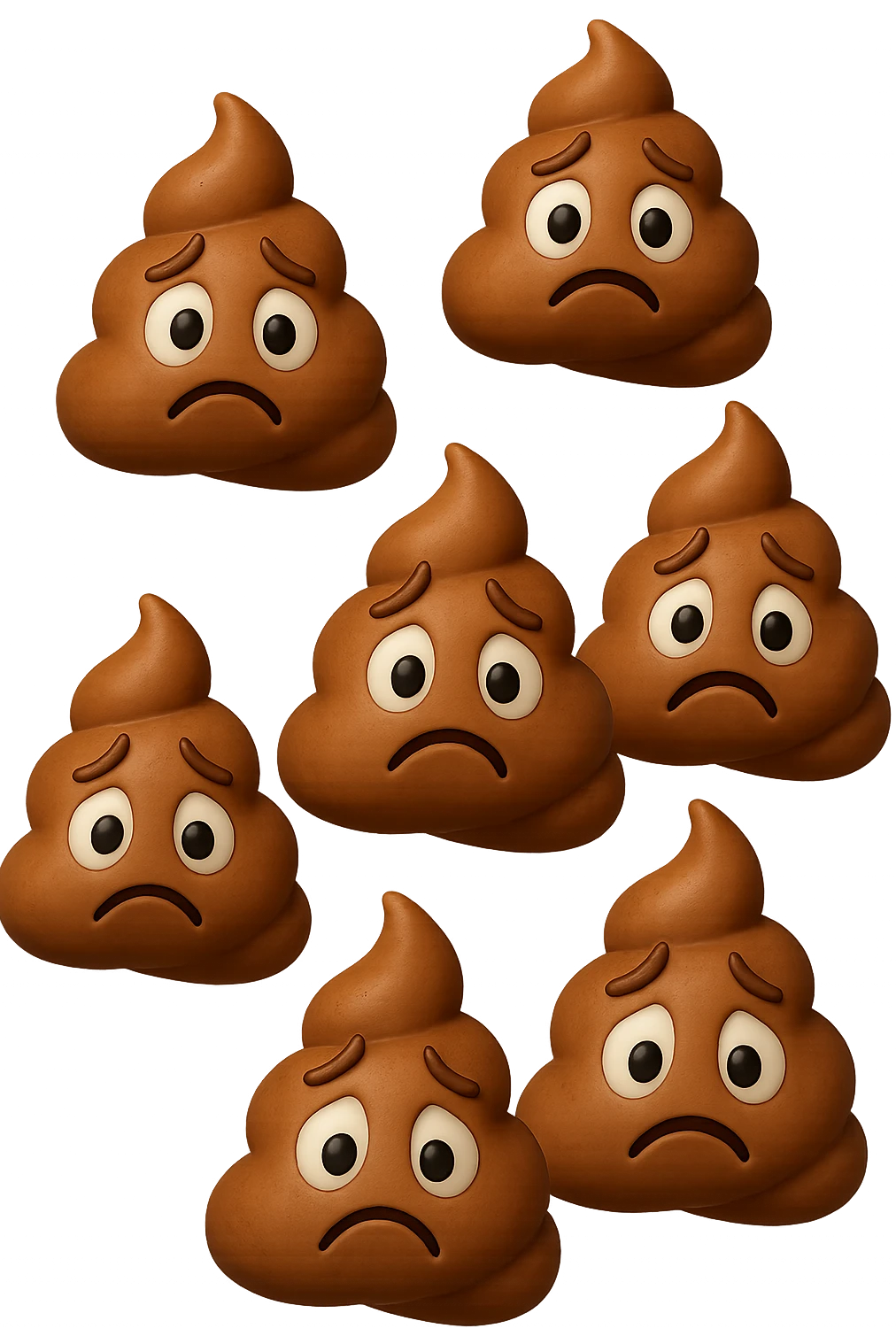 EMOJI STILE IPHONE 3D DI palline di cacca tristi che cadono dall'alto verticalmente, iperrealistico 4k emoji