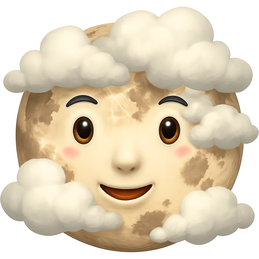 Add fluffy clouds partially covering the full moon. Keep the background transparent. emoji