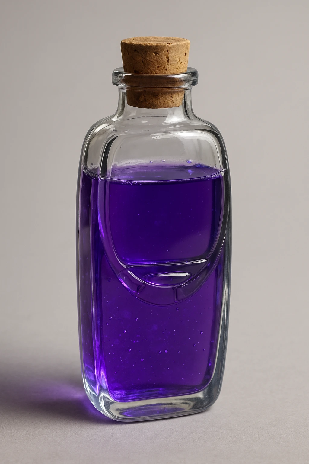 Create a very realistic 3D style elixir bottle inspired by the Nokia 3310 phone shape in the reference image. Keep the phone form, add a cork stopper on top, make the bottle transparent with a violet elixir inside. No text. emoji