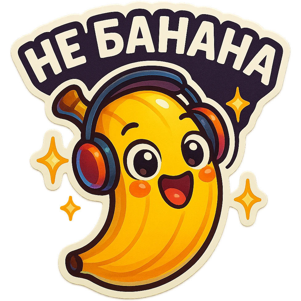 Funny cartoon banana, big happy smiling face, wearing tiny headphones, wide excited eyes, tiny sparkles around, text above: "НЕ БАНАНА ", chibi style, Twitch emoji style, colorful, transparent background emoji