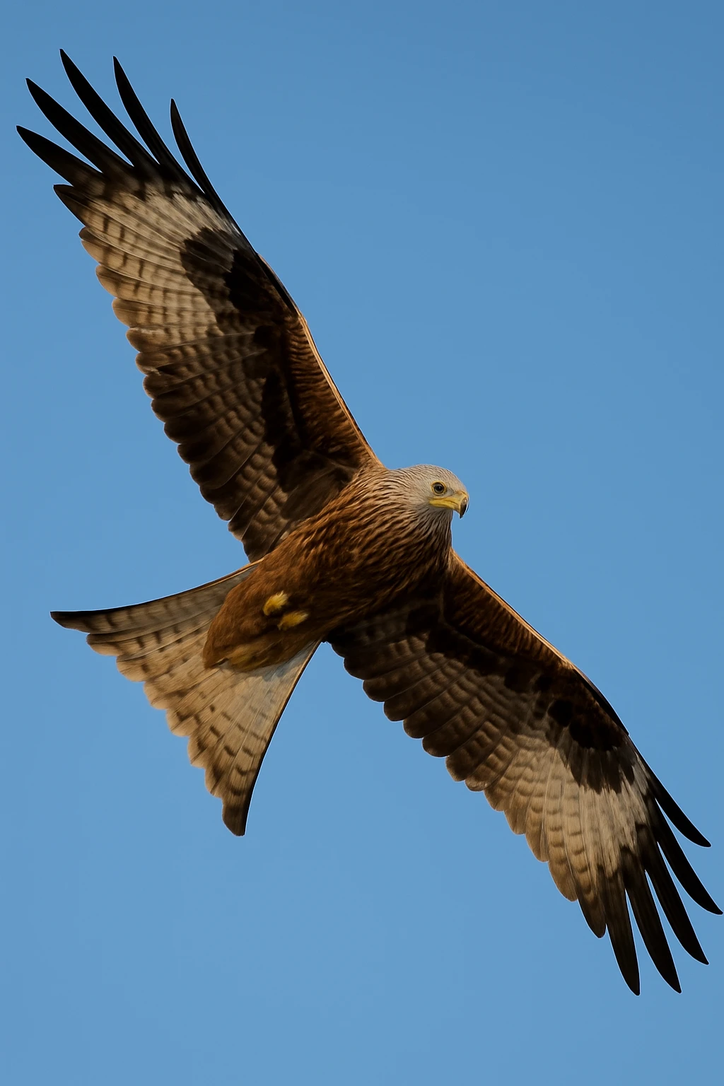 majestic bird of prey milan flying in the air with wings wide spread, detailed feathers, dynamic pose, clear sky background emoji