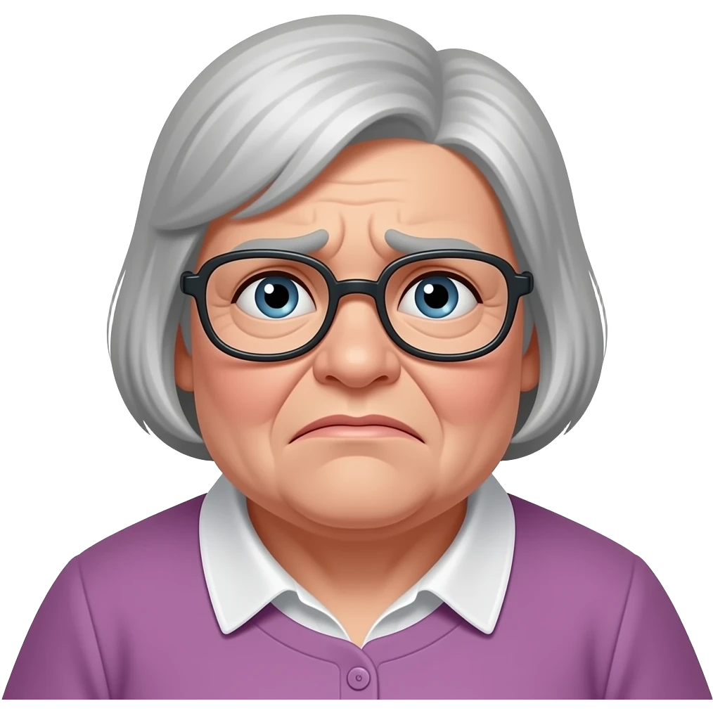 chubby old woman, short pixie cut, and glasses, worried emoji
