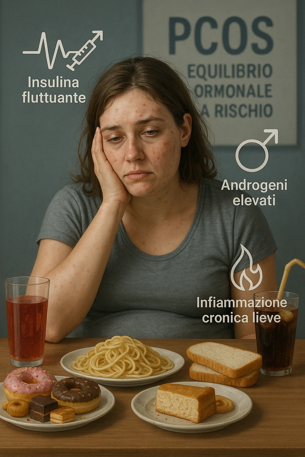 Donna tra i 25 e i 35 anni, seduta a tavola con un’espressione stanca e gonfia. Sul tavolo ci sono alimenti sbagliati per la sua condizione: dolci raffinati, pane bianco, pasta, bibite zuccherate. Intorno al suo corpo si vedono elementi simbolici che rappresentano gli effetti della PCOS peggiorata: insulina fluttuante, androgeni elevati, infiammazione bassa cronica. La sua pelle appare acneica, gonfiore addominale visibile, sguardo affaticato. Sullo sfondo, un cartello sfocato con scritto 'PCOS – equilibrio ormonale a rischio'. Stile realistico con elementi simbolici, toni freddi ma chiari in italiano emoji
