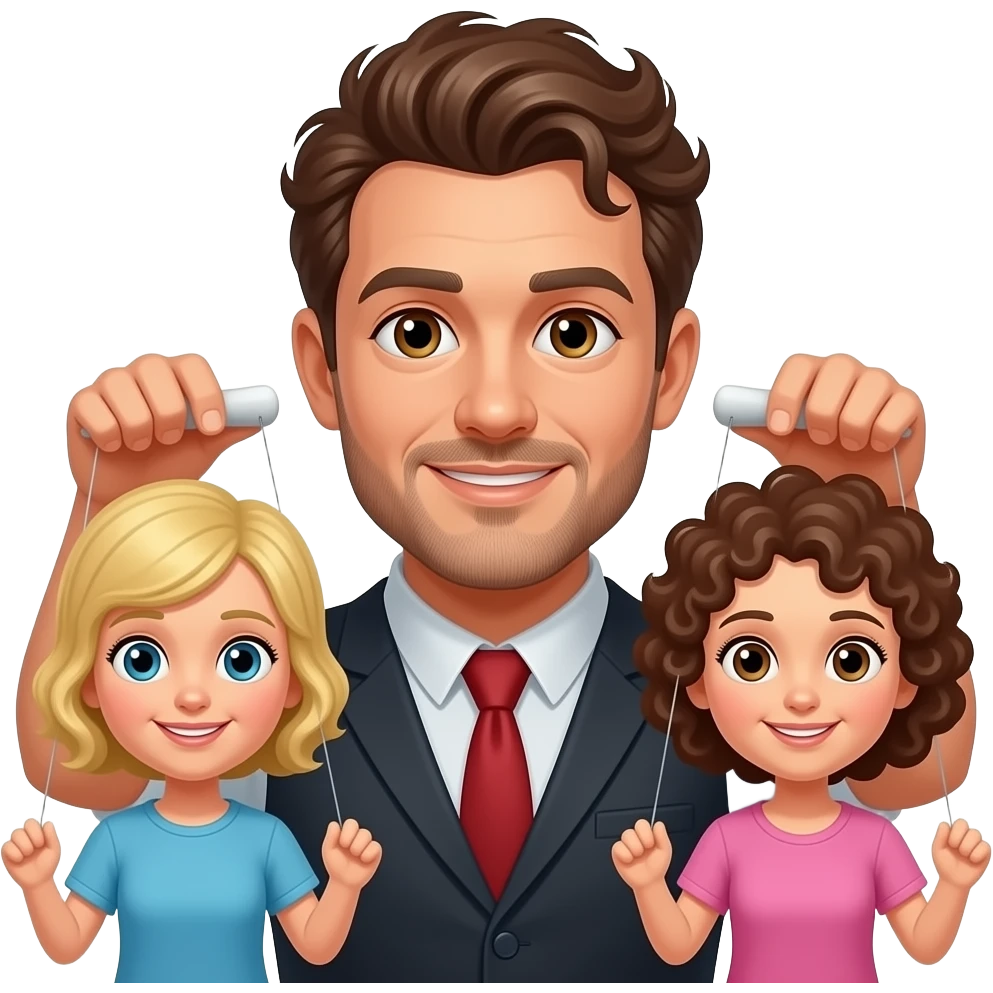Uomo occhi marroni capelli ricci che gestisce le sue marionette, una marionetta coi capelli biondi E occhi azzurri, l’altra capelli ricci e occhi marroni emoji