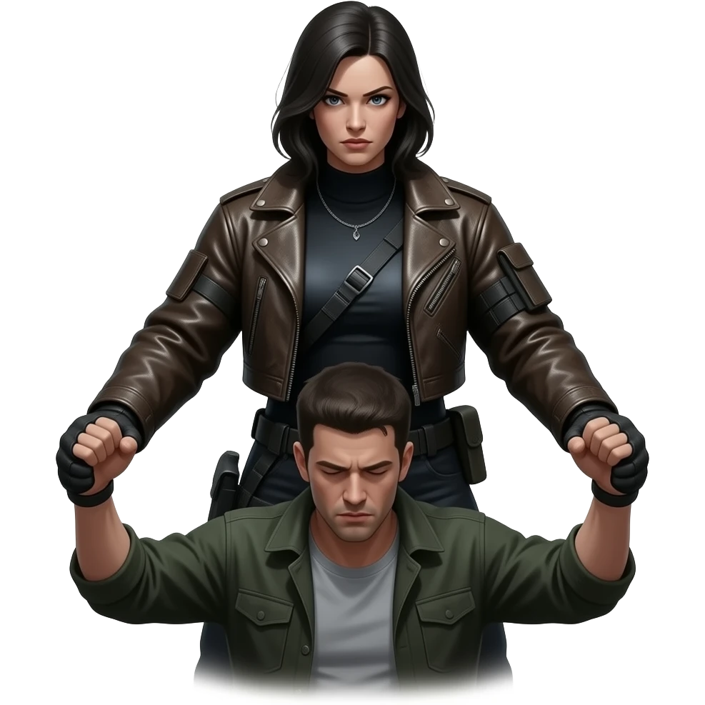 A commanding woman in heavy, weathered leather and tactical gear looms over a submissive man. The lighting is harsh and singular, casting long, oppressive shadows. Focus on the contrast between her cold, unwavering dominance and his breathless, total surrender. emoji