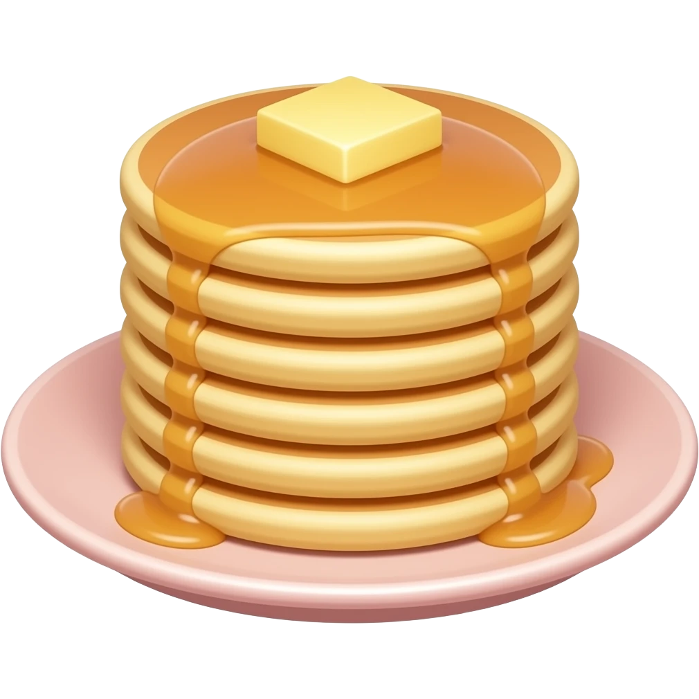 Stack of pancakes with butter and syrup on a light pastel pink plate emoji