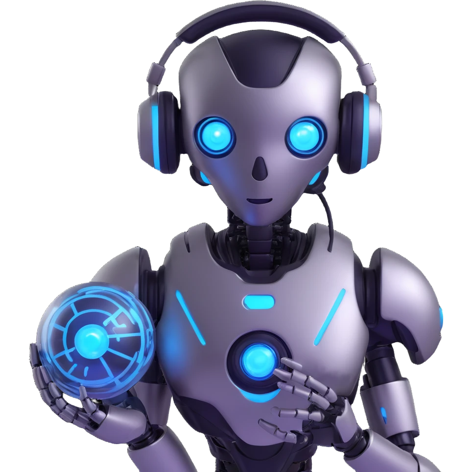 robotic AI agent, chrome finish, blue glowing eyes, headset, holding digital orb with light effects emoji