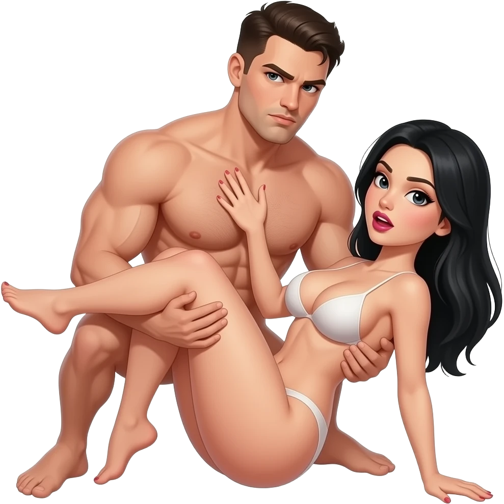 Full body of two naked person of 1 male, shredded muscular body, big penis, he's on top of 1 female with just 1 pair leg, just a small curvy body, big boobs, black hair, black normal eyes, horny faces, doing kamasutra sex positions emoji