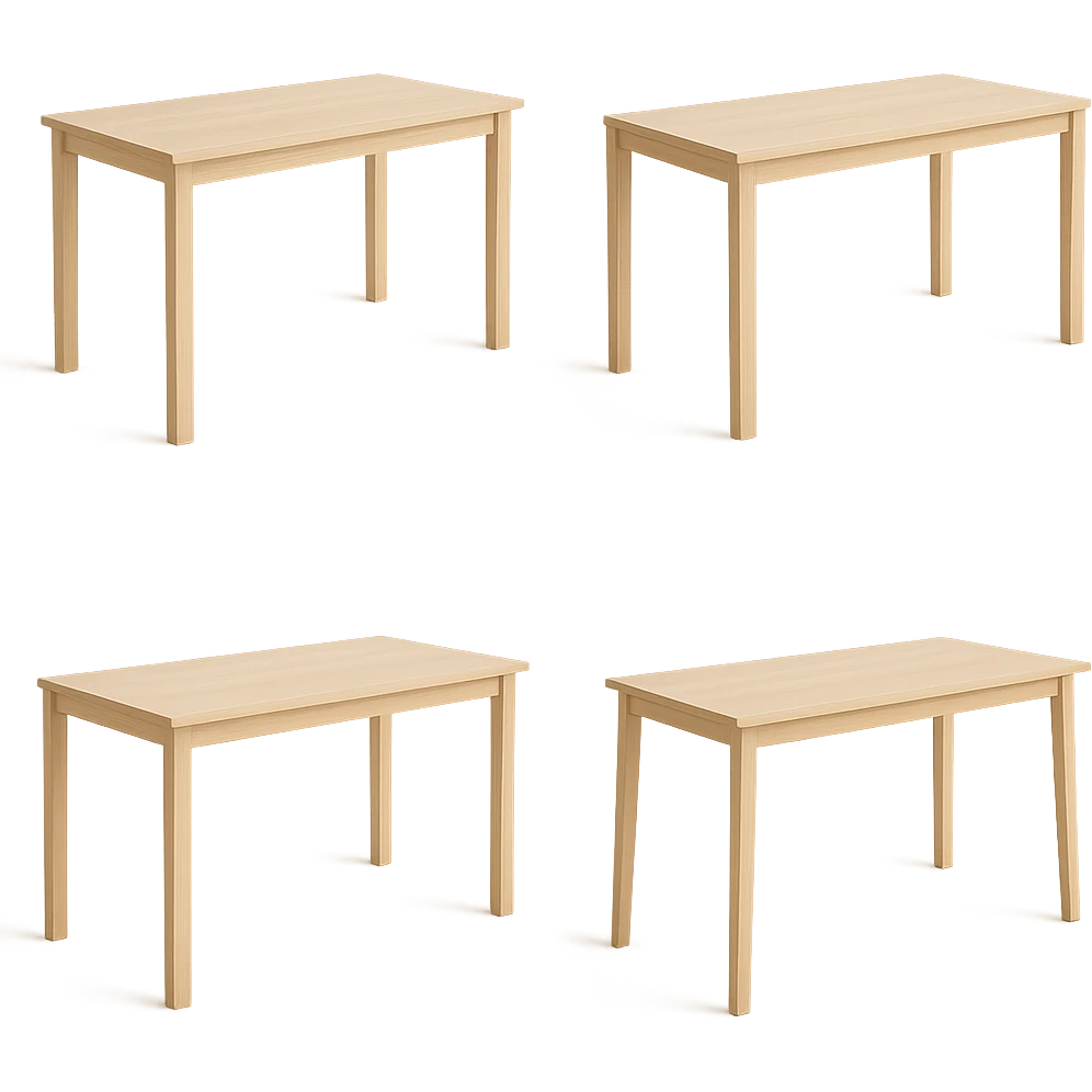 Create multiple variations of a rectangle wooden table with light wood in a modern minimalist style, no background, emphasizing clean lines and simplicity. emoji