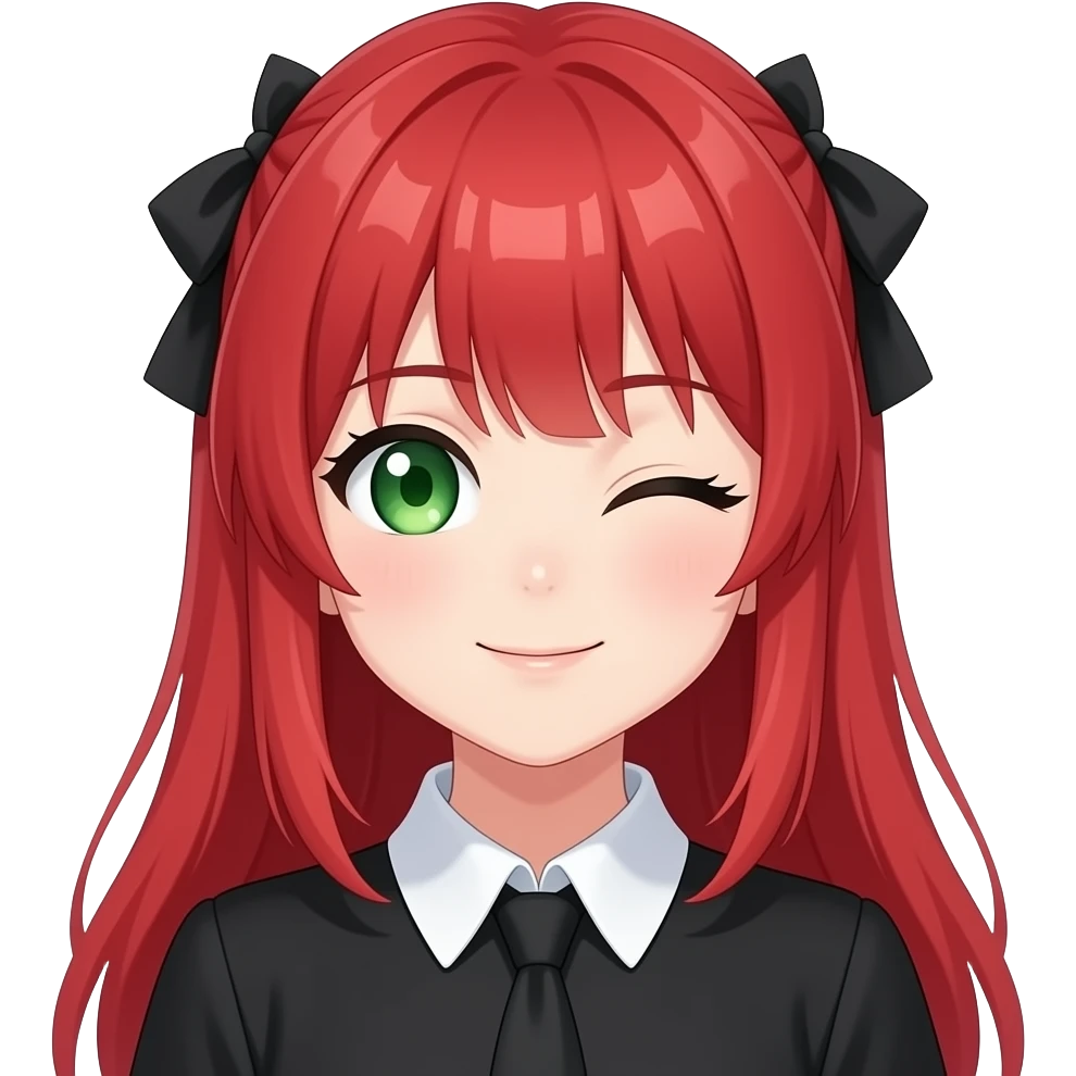 anime girl wink red hair green eyes black blouse with white collar emoji