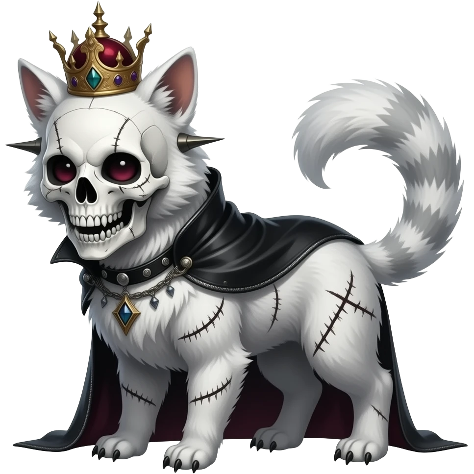 Rich wealthy royal smexy skull-masked spiky punky gothic bleak swampy white-skeletal gloomy dark pale albino foggy eldritch beautiful realistic edgy fantasy ghoul-like stitched vernid-sergal-fursona animal creature with a tufted tail full body with intricate markings emoji