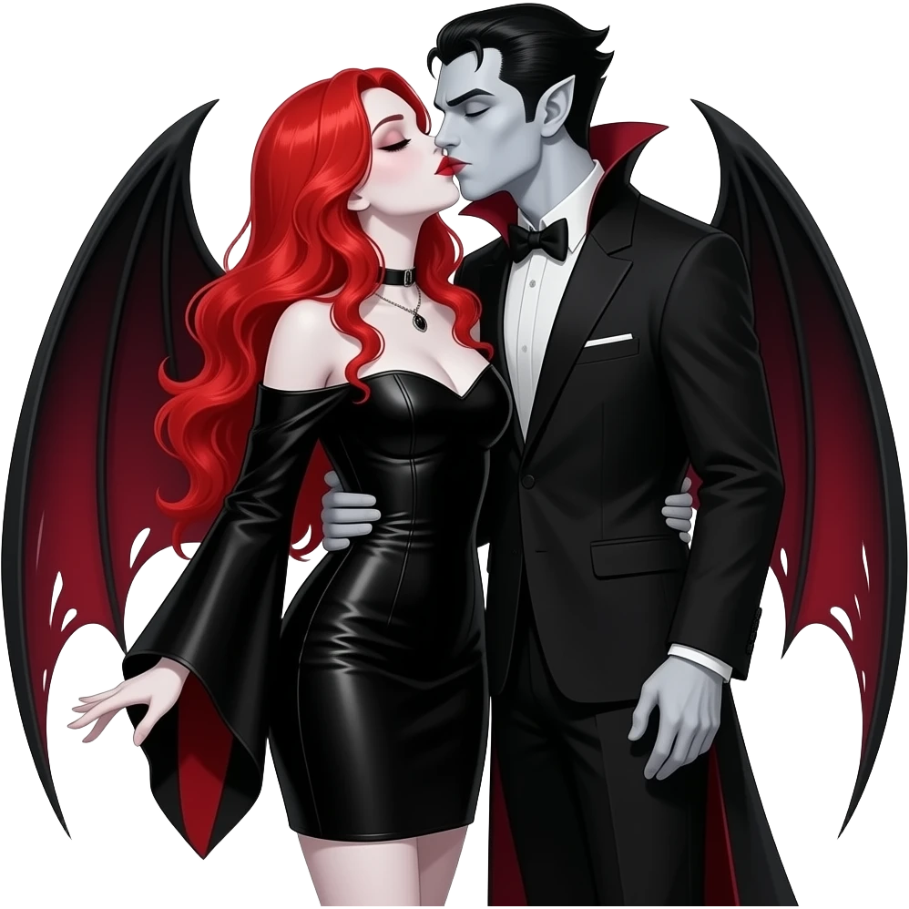 Vampiro femmina  con pelle bianca capelli lunghi  rosso fuoco ondulati e lache indossa una vestito stretto in vita e largo sott nero con maniche lunghe e anfibi che arrivano alle ginocchia che bacia un vampiro al chiaro di luna emoji
