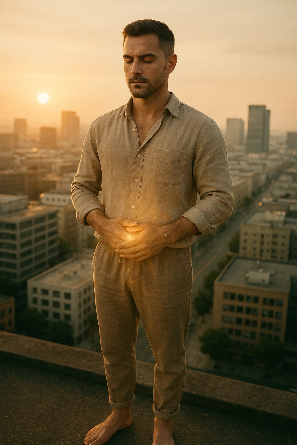 A cinematic portrait of a calm and composed man in his mid-30s, with light stubble and a defined jawline, standing alone on a rooftop at sunrise overlooking a quiet modern city. He’s wearing minimalist, earth-toned clothing — a linen shirt loosely buttoned, neutral joggers, barefoot. His hands rest gently over his abdomen in a meditative posture, eyes half-closed, reflecting clarity and focus. The early morning light bathes his face and body in soft gold, symbolizing renewal and healing. Around him, the city is still asleep, with only faint traces of life below. The air feels clean and silent. Subtle glow effects radiate gently from his chest and abdomen, suggesting internal regeneration. 35mm film style, shallow depth of field, realistic human textures and cinematic color grading with warm and natural tones. emoji