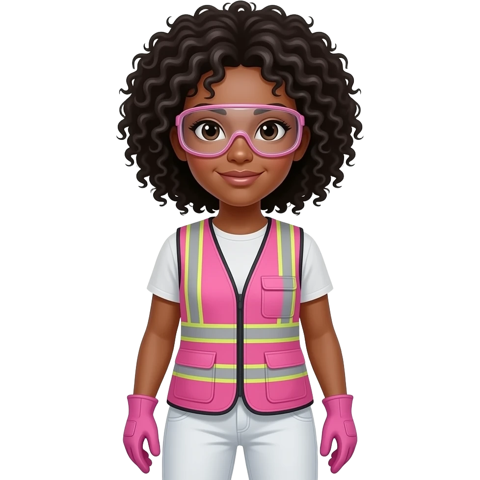 Hispanic Biracial woman with black curly fro hairstyle wearing pink and clear safety glasses wearing a pink construction vest wearing white pans wearing pink construction vest wearing white pants wearing pink construction gloves emoji