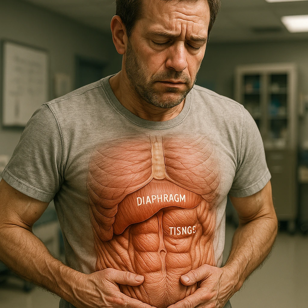 man with diaphragm blocked due to stress, hyper realistic style, anatomical details, evidence of muscle tension in abdomen, tired expression, medical environment, realistic atmosphere emoji