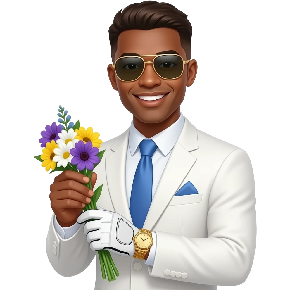 black skinned 22 year old man with a brown low taper fade wearing rich white suit with a gold watch holding golf flowers in golf man sunglasses smiling emoji